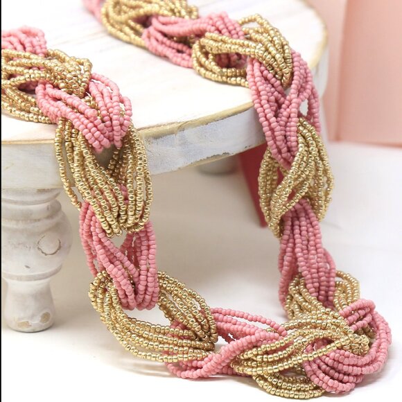 Hand Crafted Jewelry - Coral & Beige ✦ Braided Beaded Necklace ✦ 19" Handcrafted Artisan Boho Jewelry